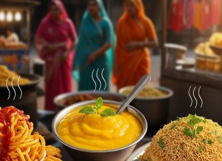 Gujarat street food Aamras sweet dish। गुजराती स्ट्रीट फूड सेव खमण डिश