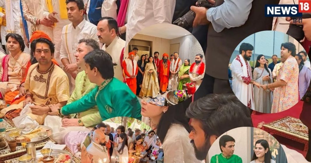 vrindavan famous katha vachak Indresh Upadhyay and Shipra wedding pictures | चांदी की थाली में भोजन… धीरेद्र शास्त्री, कुमार विश्वास, संत समेत बॉलीवुड का रौला, तस्वीरों में इंद्रेश की रॉयल शादी