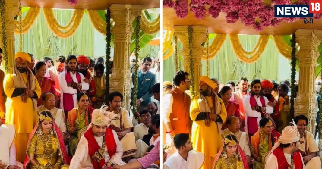 first picture of indresh upadhyay shipra sharma marriage see photos and videos | वृंदावन के कथावाचक इंद्रेश उपाध्याय और शिप्रा की शादी की पहली तस्वीर देखें, 101 पंडित के साथ 3 घंटे तक चलीं रस्में