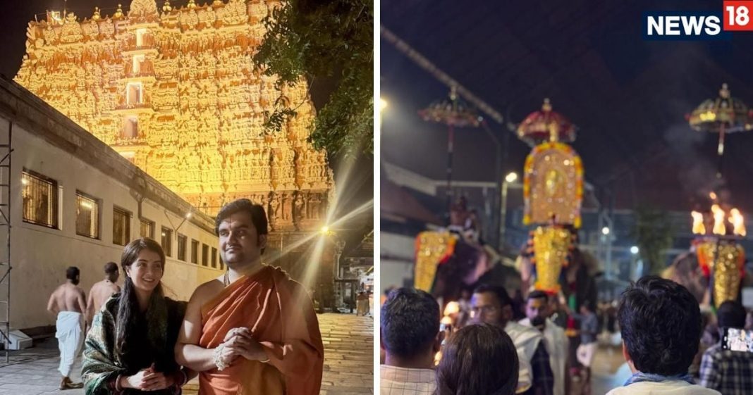 kathavachak indresh upadhyay first visited Tirupati Balaji temple after marriage | शादी के बाद पत्नी संग कथावाचक इंद्रेश पहुंचे तिरूपति बालाजी, इस मौके पर पत्नी का लुक बना चर्चा का विषय, देखें तस्वीरें